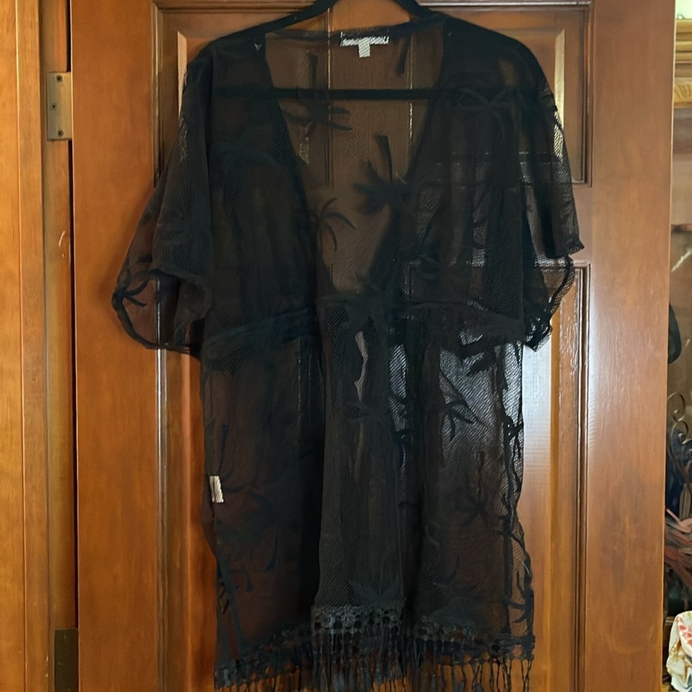 MIKEN PALM PRINT Black Sheer Kimono with Fringe LARGE - Picture 8 of 8